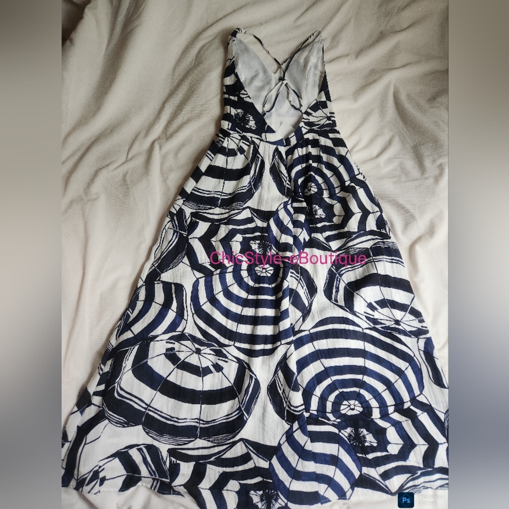 STORE CLOSING! H&M Long Strappy Dress White/navy Blue Patterned Fitted Bodice N - Picture 12 of 14